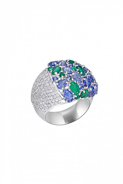 Blue and green tanzanite and emerald ring