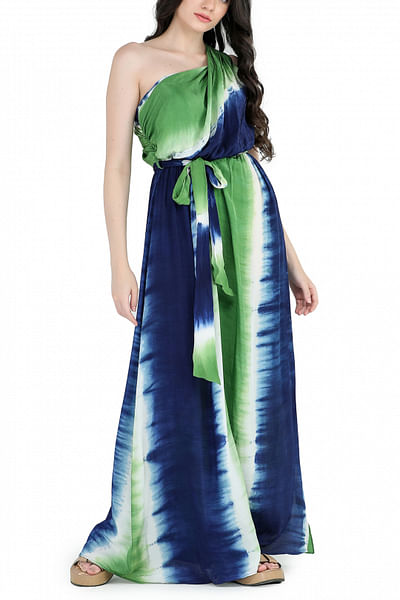 Blue and green tie-dye one-shoulder maxi
