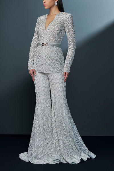 Blue and grey embellished jacket sharara set
