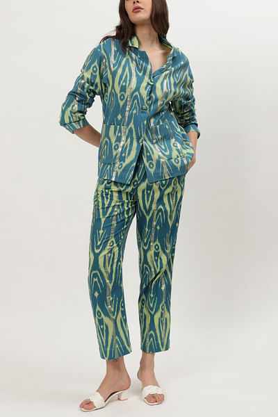Blue and light green ikat print co-ords