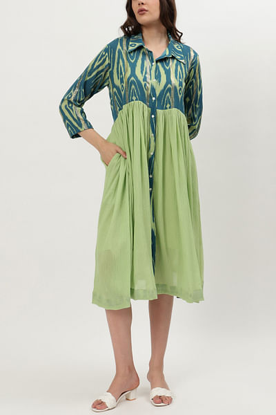 Blue and light green ikat print shirt dress