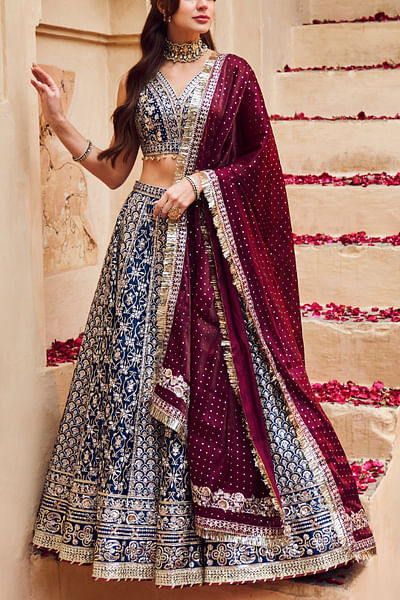 Blue and maroon zari embroidered lehenga set