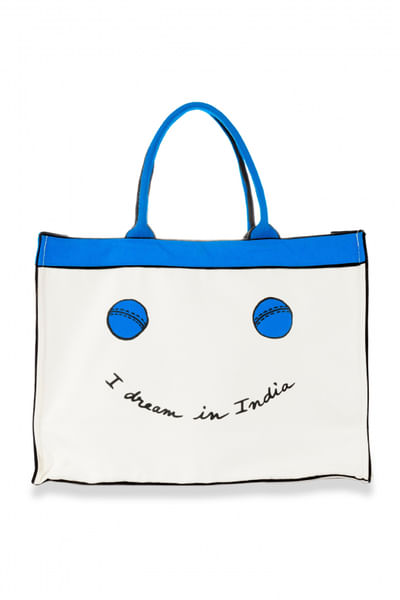 Blue and orange cricket ball printed tote bag