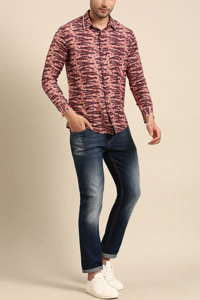 Blue and red digital print muslin shirt