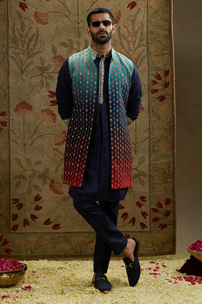 Blue and red ombre and motif printed jacket
