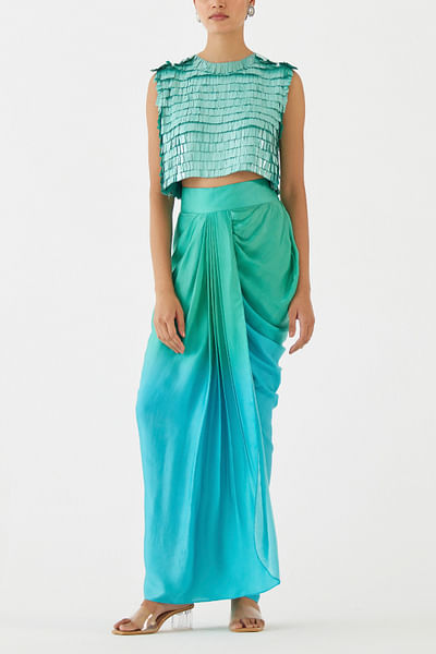 Blue and sea green ombre draped skirt set