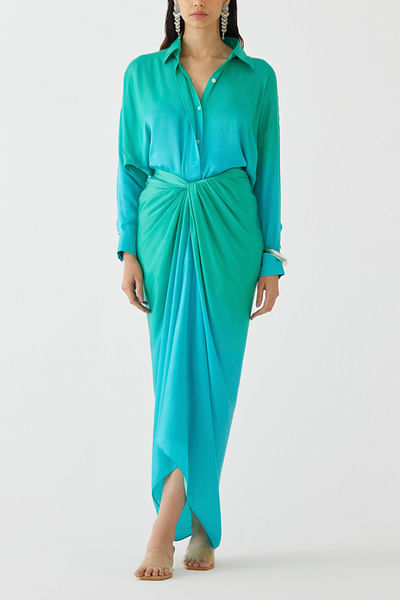 Blue and sea green ombre shirt draped dress