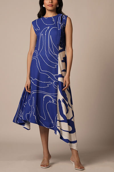 Blue and white abstract printed midi dress