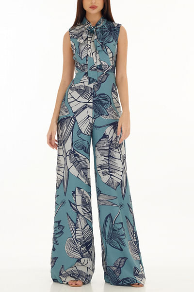 Blue and white floral print jumpsuit