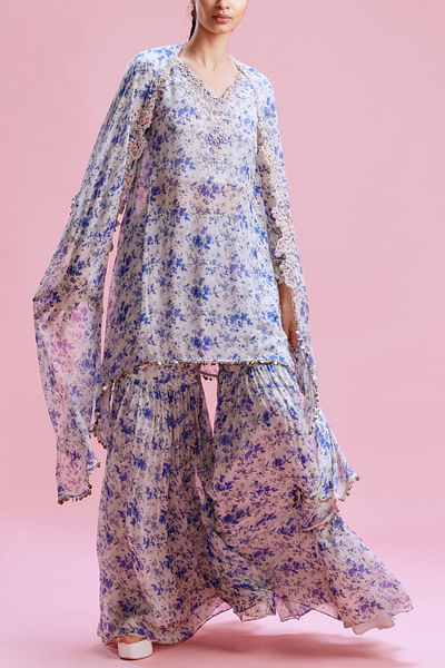 Blue and white floral printed cape sharara set
