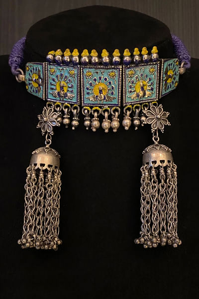 Blue and yellow peacock meenakari tassel choker