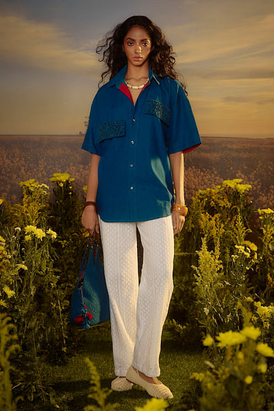 Blue applique embroidered denim shirt