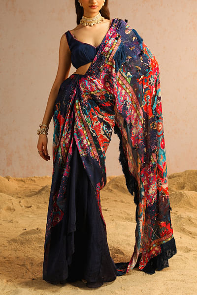 Blue artisanal printed pre-draped sari set