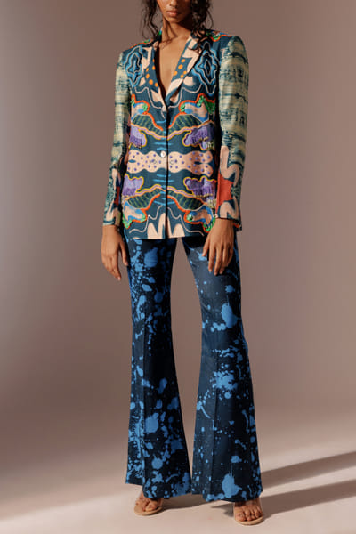 Blue artsy printed flared pants