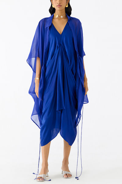 Blue cape and draped midi dress
