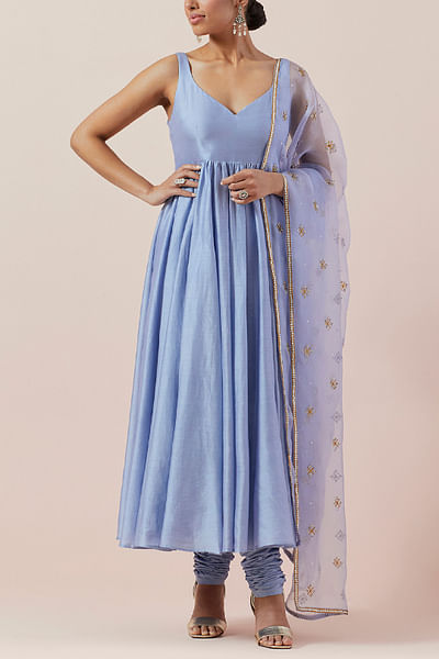 Blue chanderi anarkali set