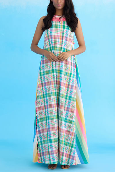 Blue check and rainbow stripe printed dress