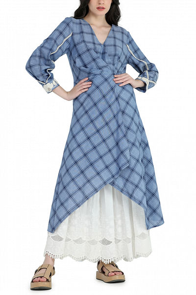 Blue check schiffli layered dress