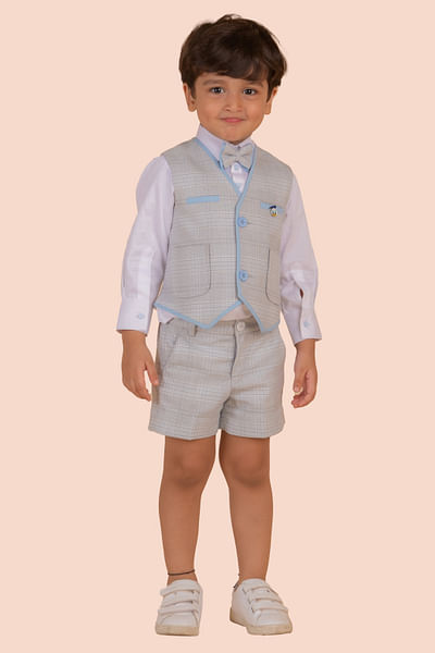 Blue checkered printed waistcoat set