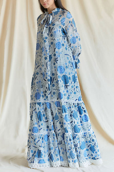 Blue chintz printed tiered maxi