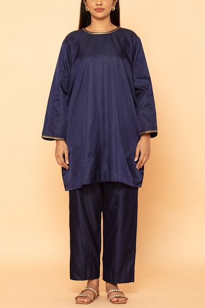 Blue cotton silk short kurta set