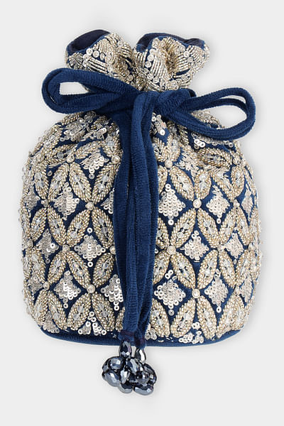 Blue cutdana embroidered bucket bag