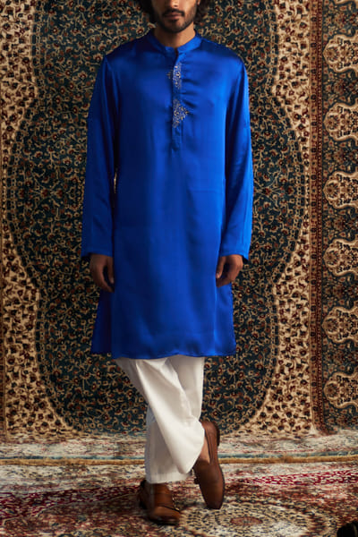 Blue dabka embroidered long kurta set