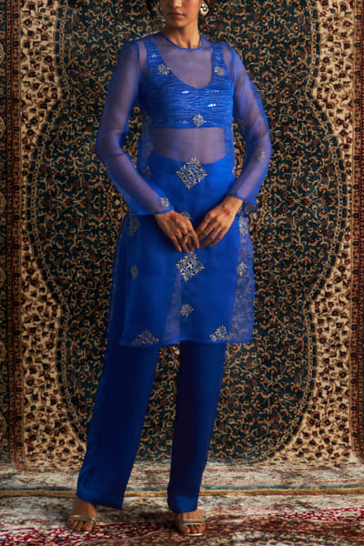 Blue dabka embroidered sheer kurta set