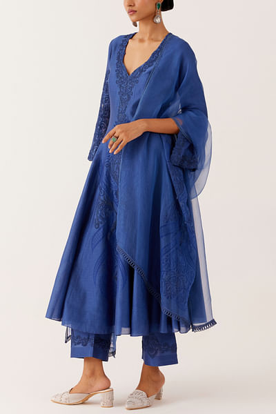 Blue dori embroidered printed anarkali set