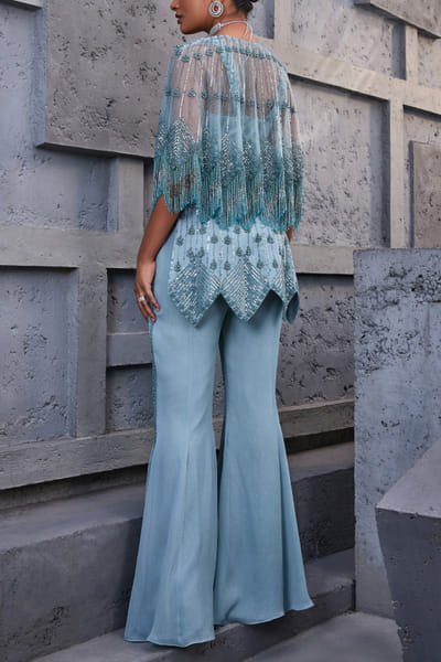 Miku Kumar Blue embellished cape set MKUJAN24D227