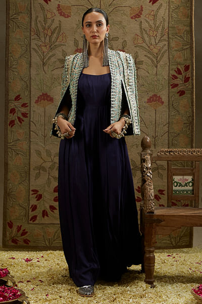 Blue embellsihed jacket set