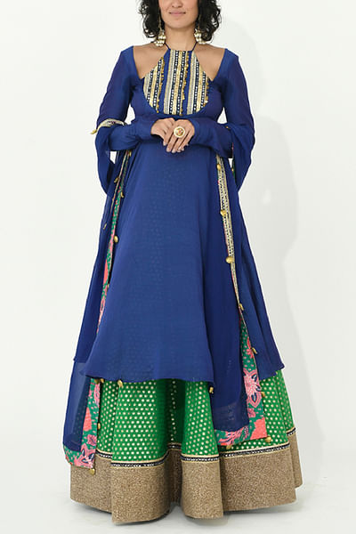 Blue embroidered anarkali and lehenga set