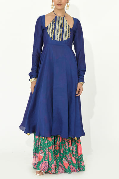 Blue embroidered anarkali and printed sharara