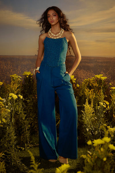 Blue embroidered denim corset and pant
