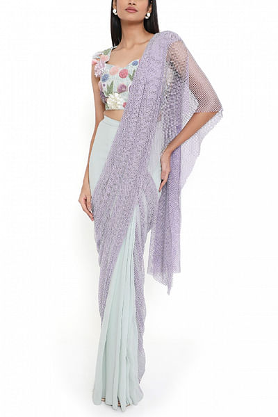 Blue embroidered drape sari