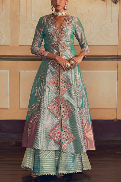 Blue embroidered kalidar jacket and sharara