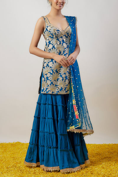 Blue embroidered kurta and tiered sharara set