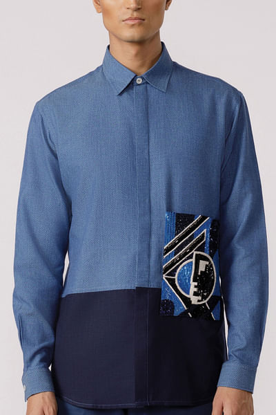 Blue embroidered patch pocket shirt