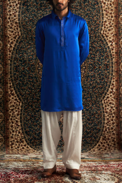 Blue embroidered pathani kurta set