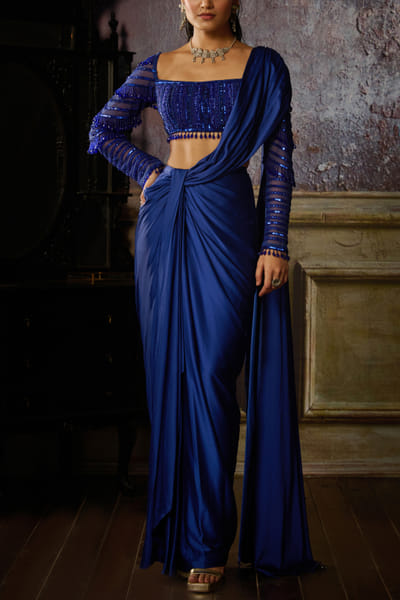 DiyaRajvvir Blue embroidered pre-draped sari set DIYOCT24W12