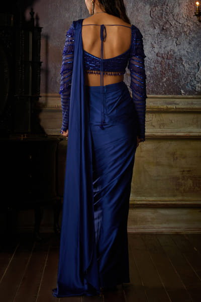 DiyaRajvvir Blue embroidered pre-draped sari set DIYOCT24W12