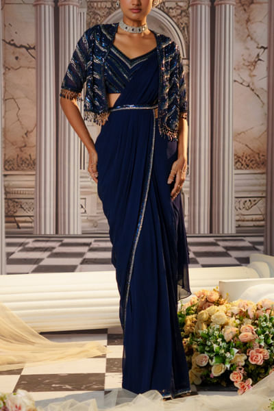 Blue embroidered pre-draped sari set