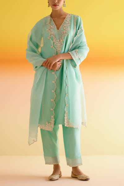 Blue embroidered silk kurta set