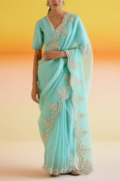 Blue embroidered silk organza sari set