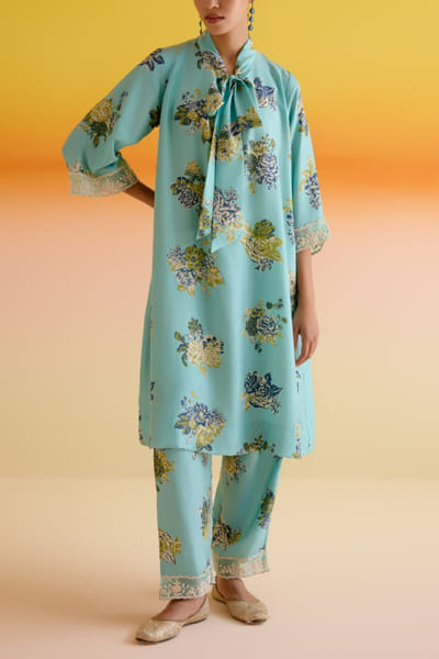 Blue embroidered silk tunic set