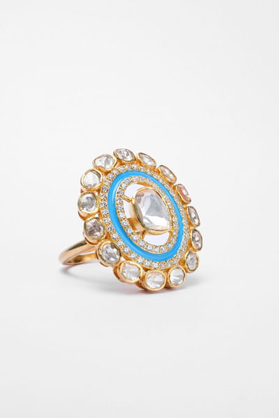 Blue enamel and moissanite polki ring