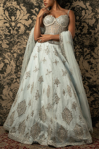 Blue floral and hexagon embroidery lehenga set