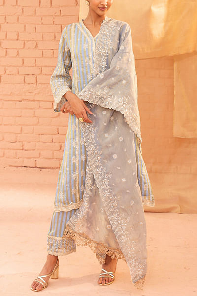 Blue floral and striped embroidered kurta set