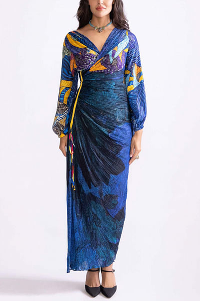 Blue floral and tribal printed pleated dress
