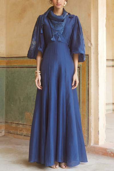 Blue floral cutwork jumpsuit set